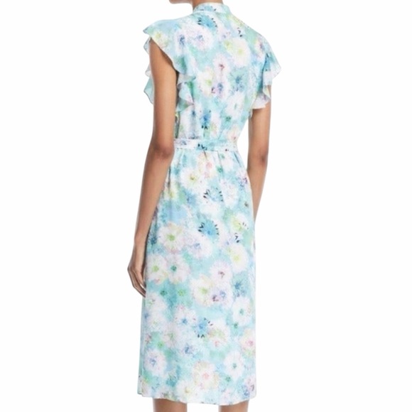 Catherine Malandrino Floral Midi Dress Large Ruffle Belted Pastel Blue Green - Picture 4 of 16